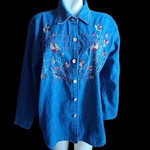 Women's Large Shirt Vintage Sara Studio Embroidered Denim Button-Up Cottage